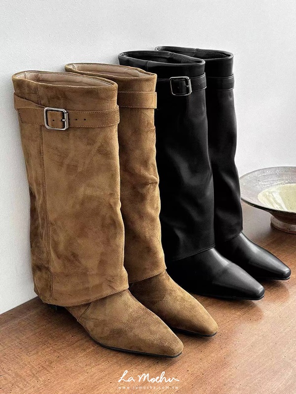 襪套式單扣方跟直筒靴(偏小半號)(花花清單)